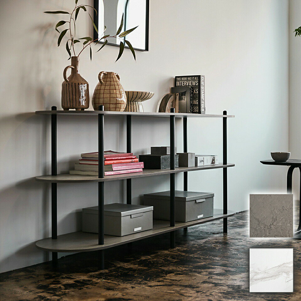 オープンラック3段 シック 美しい オープンラック デザイン 高い シンプル 雰囲気 グレードアップ 壁面 間仕切り ラック 収納棚 ディスプレイラック 大理石調 石目調 3段 モダン 黒 ブラック 楕円形 ストーン柄 リビング