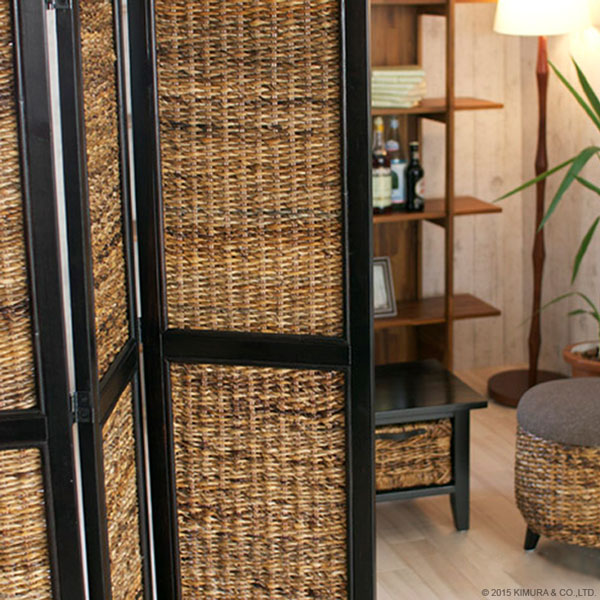 【6ヶ月保証付】バナナリーフ スクリーン 4連Bnana leaf スクリーン 天然素材のバナナリーフと 軽くて丈夫な籐の衝立 S404-4AT