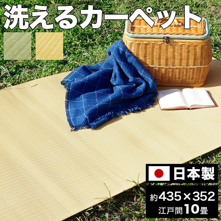 ラグ 洗える 日本製 国産 アウトドア レジャー アウトドア 和室 シンプル グリーン 江戸間 10畳 約 435×352cm