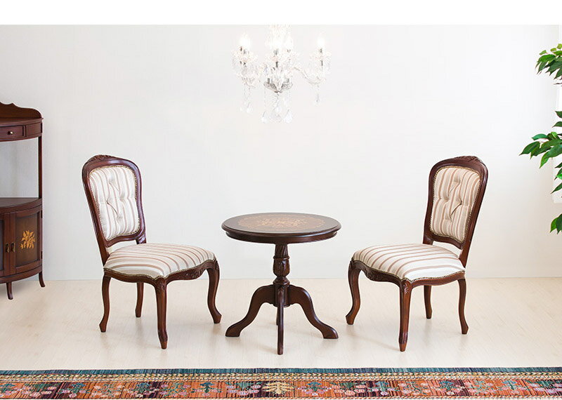 【期間限定 P2倍】アンティーク調ラウンドテーブルセット テーブル1台と肘掛け無しダイニングチェアー2脚のセット ヨーロピアン チェアー 肘掛け無し カフェチェアー ブラウン アンティーク調チェアー 特別感 ホテルライク 贅沢感 フォトジェニック 印象的 写真 [3]