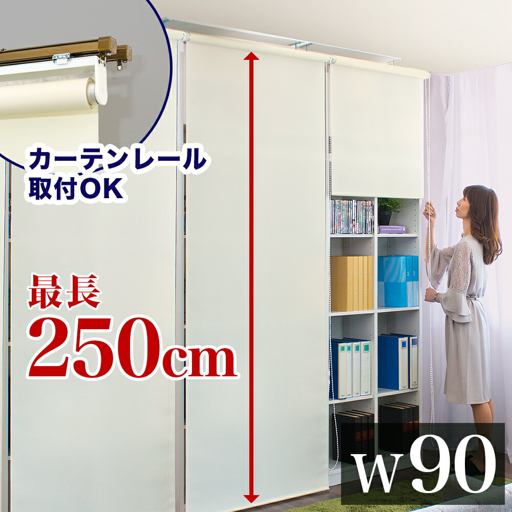 ロールスクリーン 幅90cm×高さ250cm 本棚 用 目隠し 間仕切り スクリーン 模様替え 日よけ 日除け ブラインド カーテンレール 取付可能 取付OK おしゃれ ブラインド カーテン 窓 白 ホワイト アイボリー 送料無料 組立不要