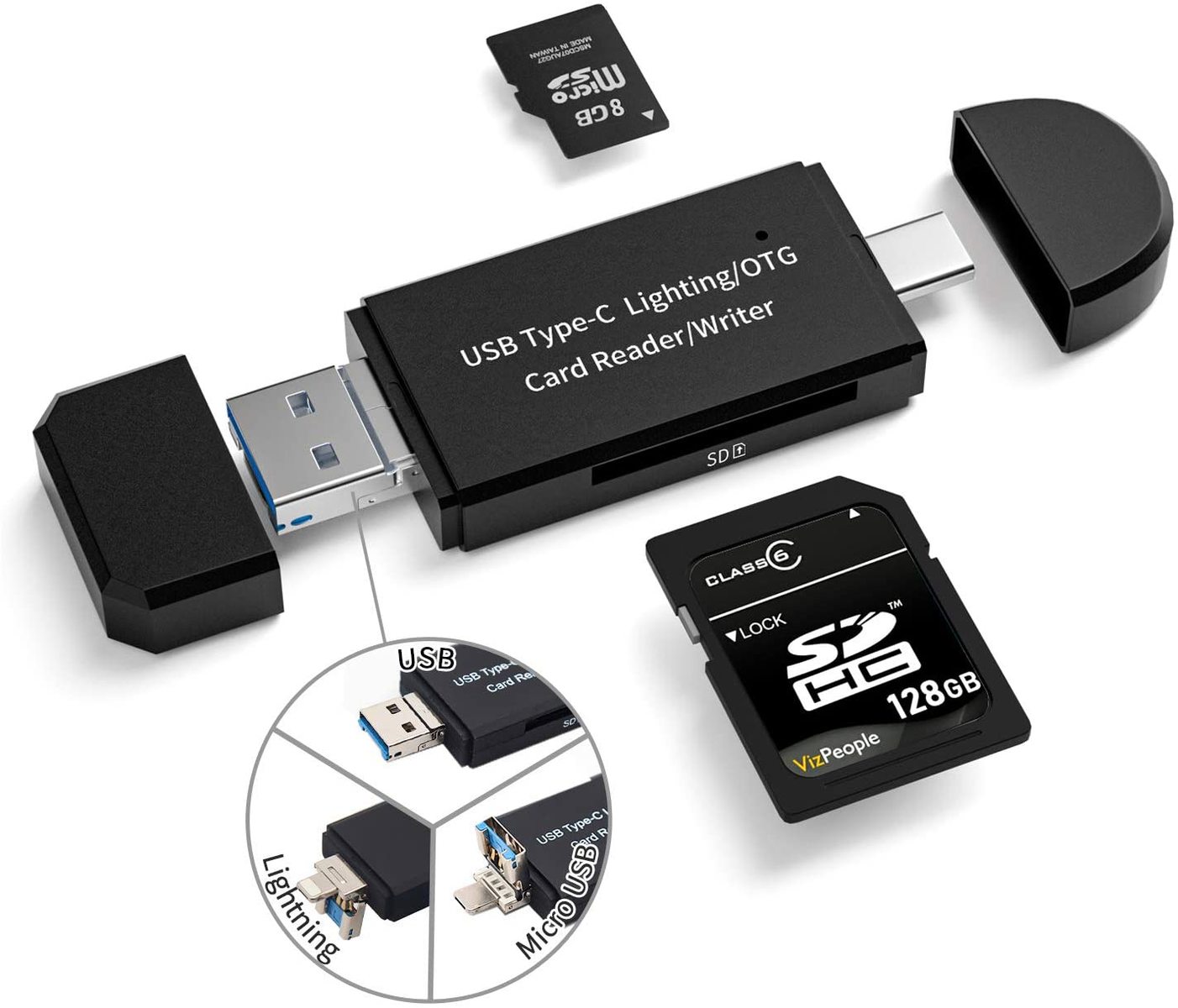 sdカードリーダー iphone type c USB メモリ カードリーダー 4in1 iPhone Type c Android Macbook PC パソコン タブレット マルチ 万能 多機能 OTG機能搭載 Lightning MicroUSB 高速データ転送 容量不足 メモリー不足 USBメモリ ファイル管理 SD & Micro SD対応