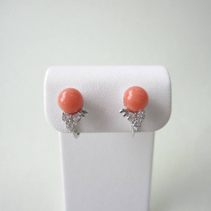 ピンク珊瑚 イヤリング (6.5ミリ) キュービックジルコニア SILVERネジ・バネ 宝石サンゴ 珊瑚婚 還暦 誕生日 御祝 厄除 御守 3月の誕生石 ギフト プレゼント 結婚35周年 珊瑚職人