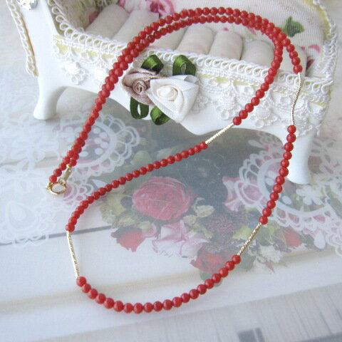 美しいイタリア産赤珊瑚（コーラル） ネックレス 3ミリ 53センチ K18 サルジ 『宝石サンゴ』 珊瑚婚 還暦 誕生日 御祝 厄除 御守 3月の誕生石 ギフト プレゼント 結婚35周年 珊瑚職人