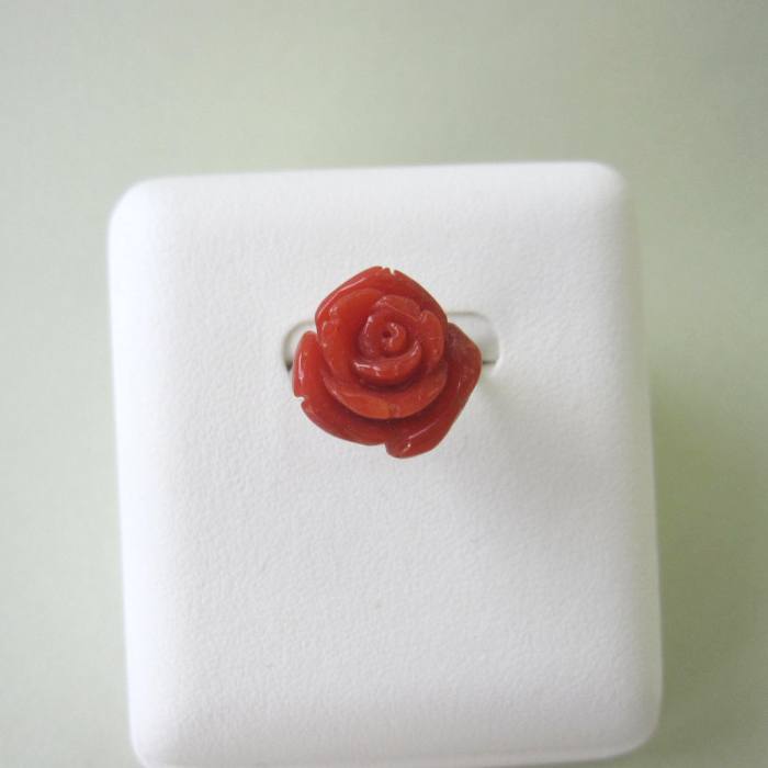 日本高知産赤珊瑚大輪薔薇の花指輪シ...