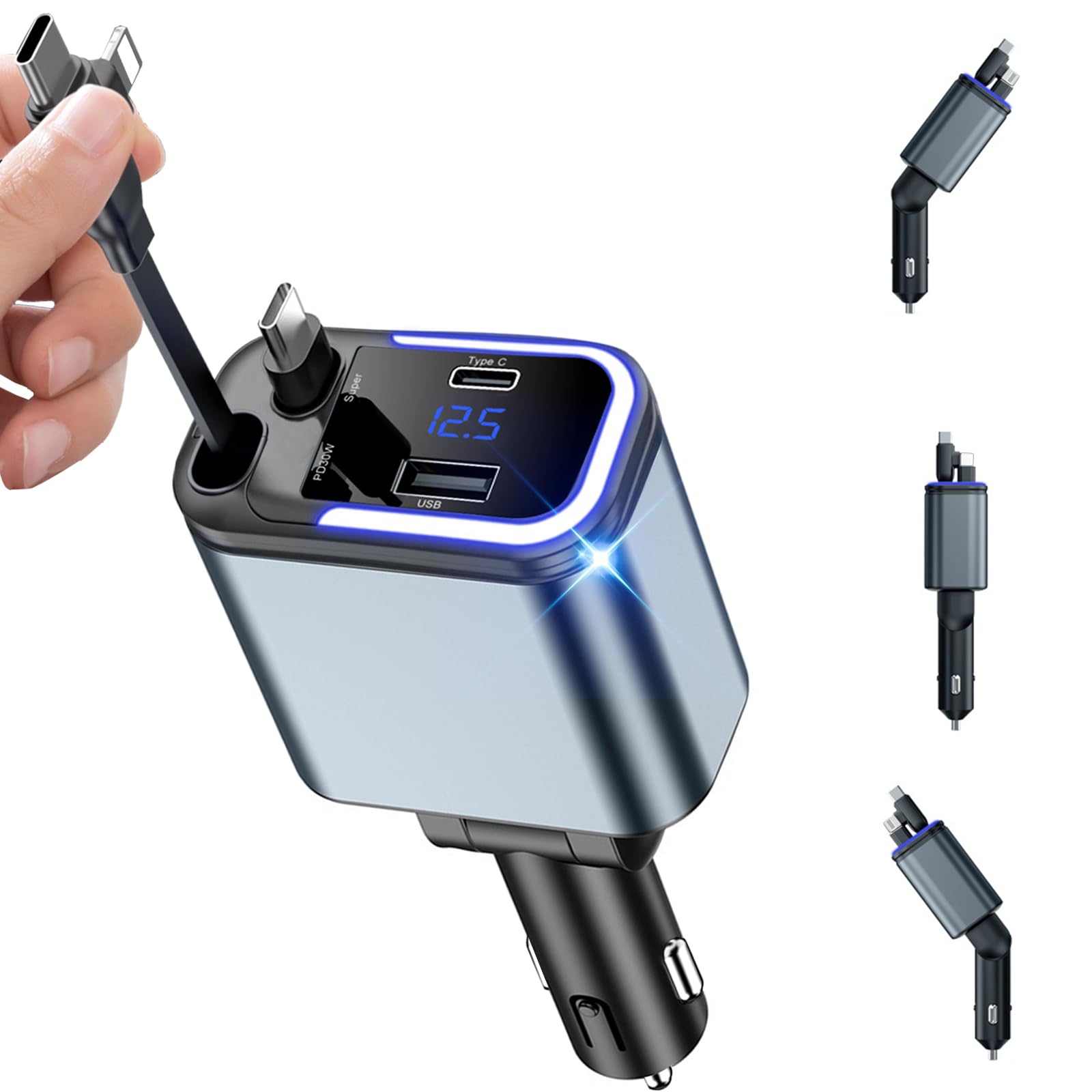 シガーソケット 車 充電器 巻き取り式充電ケーブル 4台同時充電可能 車載充電器 カーチャージャー 急速..