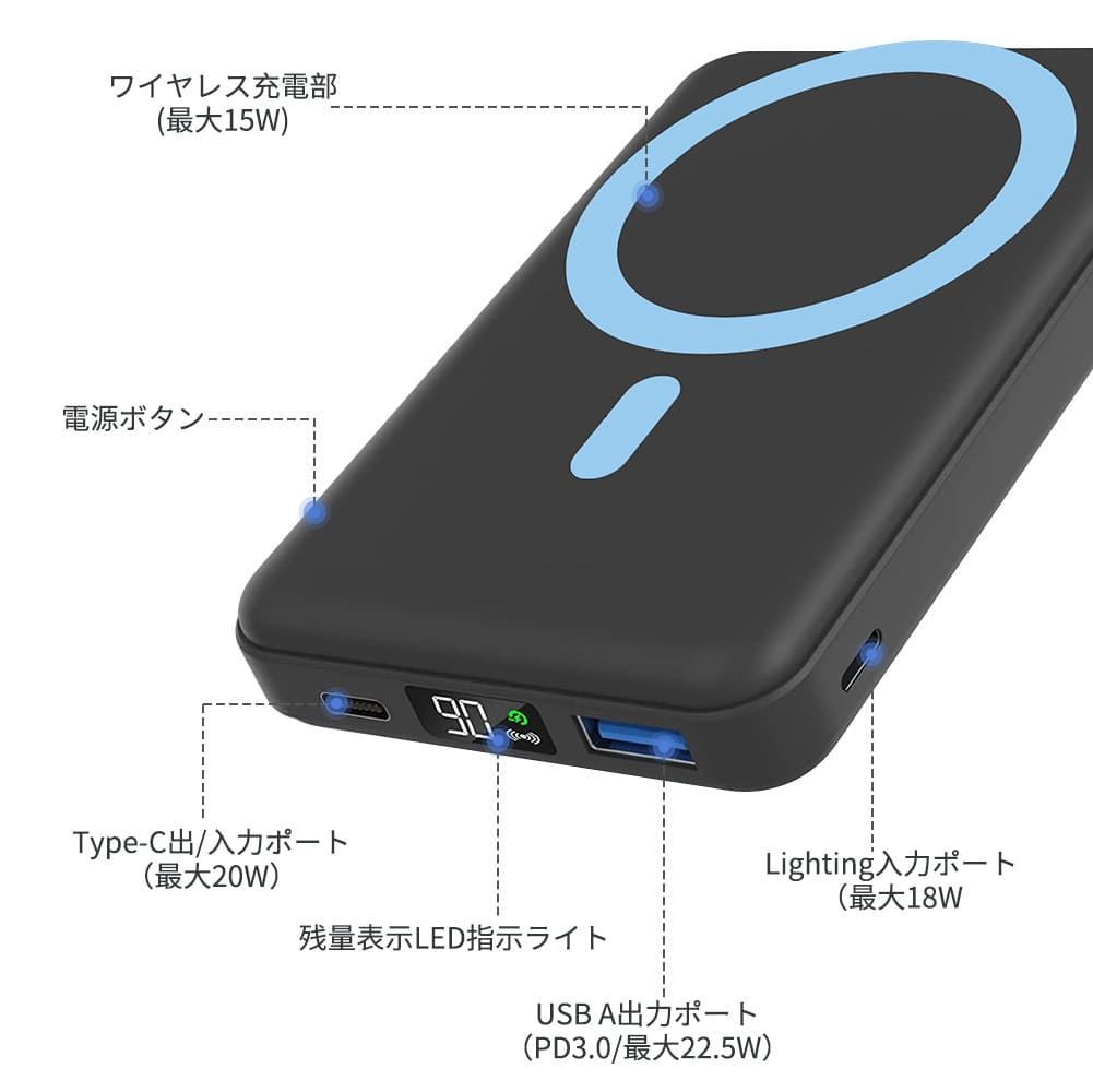 Magnetic Battery マグネット式ワイヤレス充電対応 10000mAh コンパクト モバイルバッテリー 【マグネット式/ワイヤレス出力 (15W) / USB-Cポート入出力（22.5W）/PSE技術基準適合】iPhone 14 / 13 / 12 シリーズ専用 折りたたみスタンド付き 2