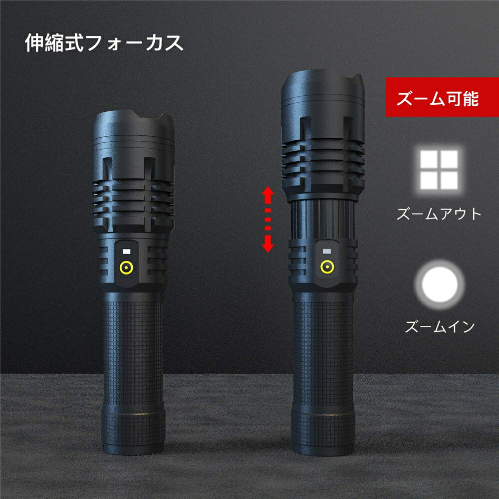 【2021最新強化版】懐中電灯 LED 超高輝度4500ルーメン 軍用 XHP70 5モード ズーム式 アルミニウム合金材質 USB充電式双方向 フラッシュライト モバイルバッテリー超強力 耐衝撃1.5M 低電量注意 SOS IPX-67防水 防災 地震 自転車