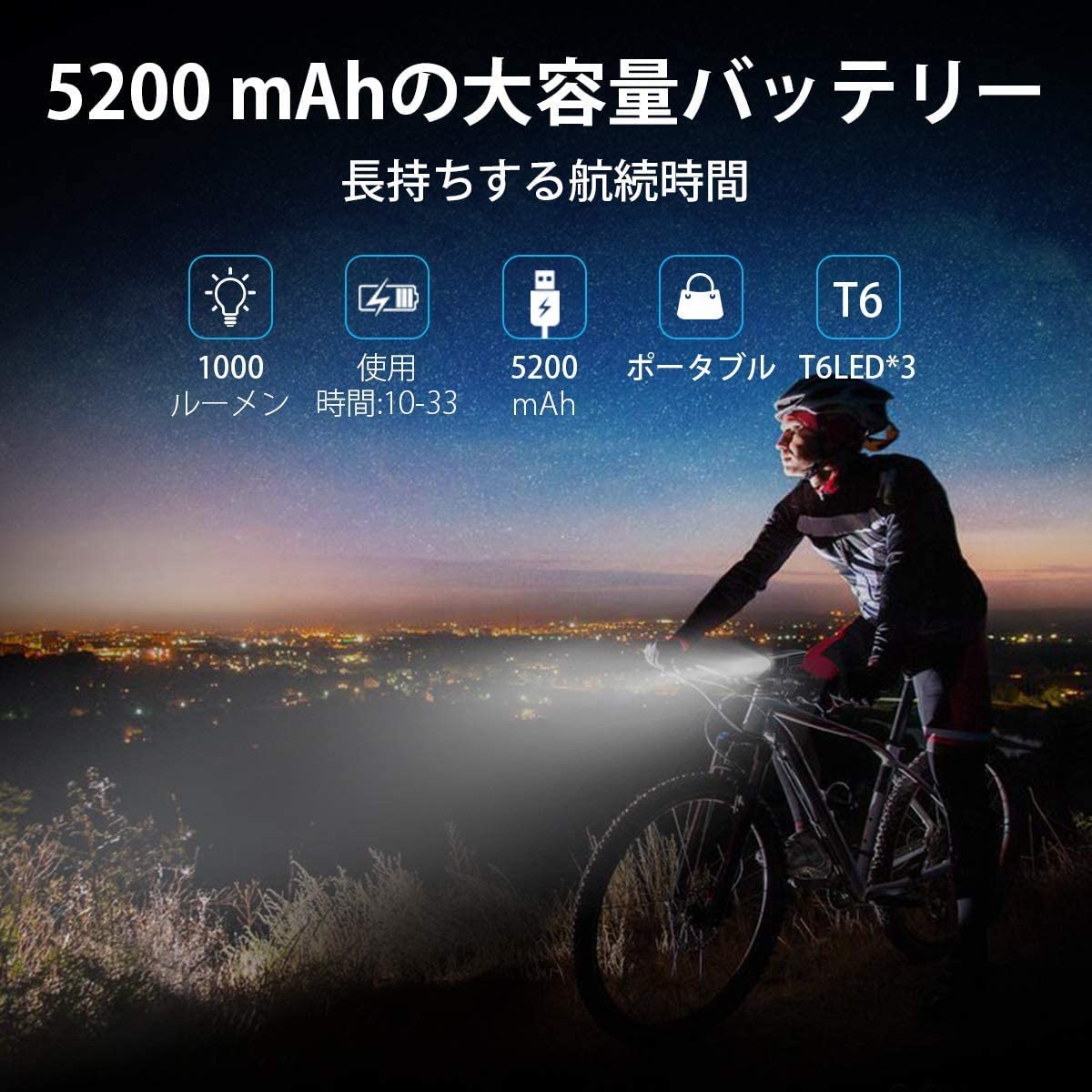 自転車 ライト 5200mAh 大容量 1000ルーメン 高輝度 USB充電式 LED自転車ヘッドライト IPX5防水 防振 3つ調光モード ロードバイク クロスバイク モバイルバッテリー テールライト付き 懐中電灯 山登り/夜釣/防災/キャンプ