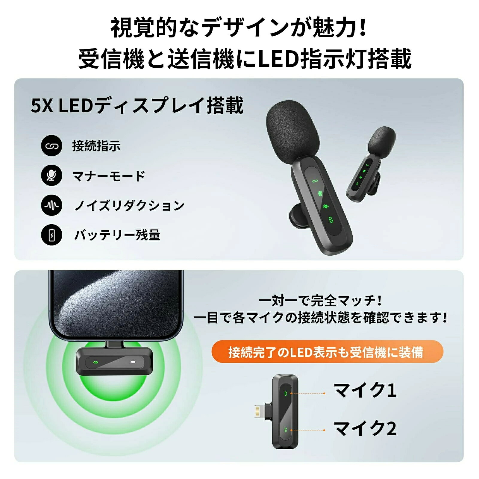 ピンマイク ワイヤレス iPhone/iPad/PC/Android対応 1to2 瞬時接続 5X LED指示灯搭...