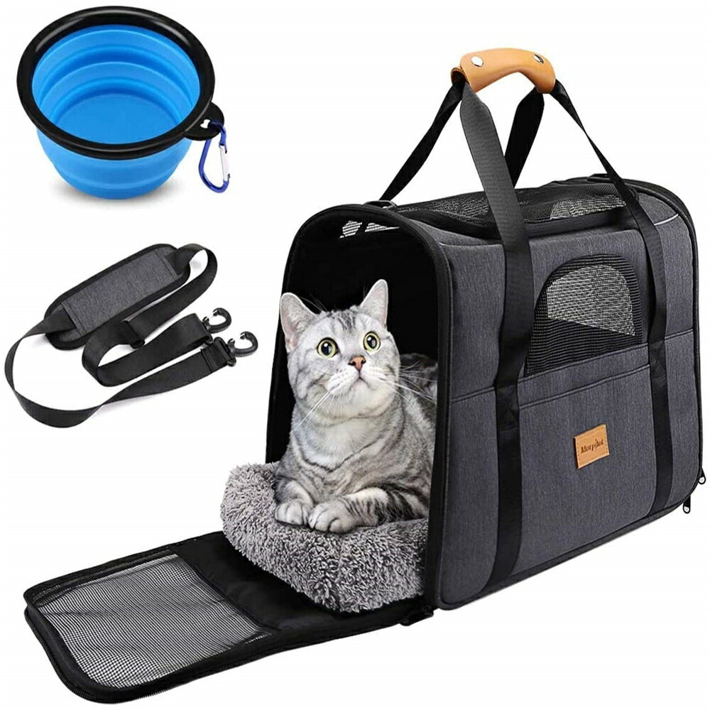 猫 キャリー バッグ 折りたたみ ペットキャリー バッグ 4way ショルダー 中・大型猫用・小型犬・うさぎ用 リュック 変形しない 通気性 臭気がない 引っ掻き傷に強い 車載/ドライブ/キャンピング/旅行/通院/災害避難用 ペットバッグ (猫食器付き)