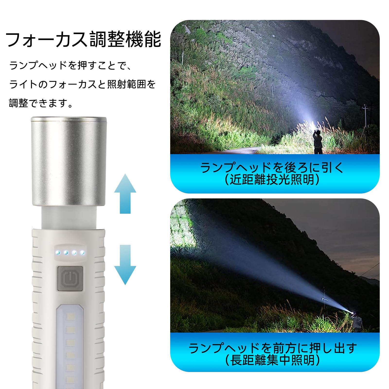 懐中電灯 強力 高輝度 ledライト 広角180度COB作業灯 4モ-ド調光 ズーム調節 大容量電池 Type-C充電式 尾にフックが付い 軽量 携帯便利 作業用 停電 地震 避難対策 防災グッズ sanjunnikoniko-10003077 三順ニコニコ楽天市場店 サンプル画像3