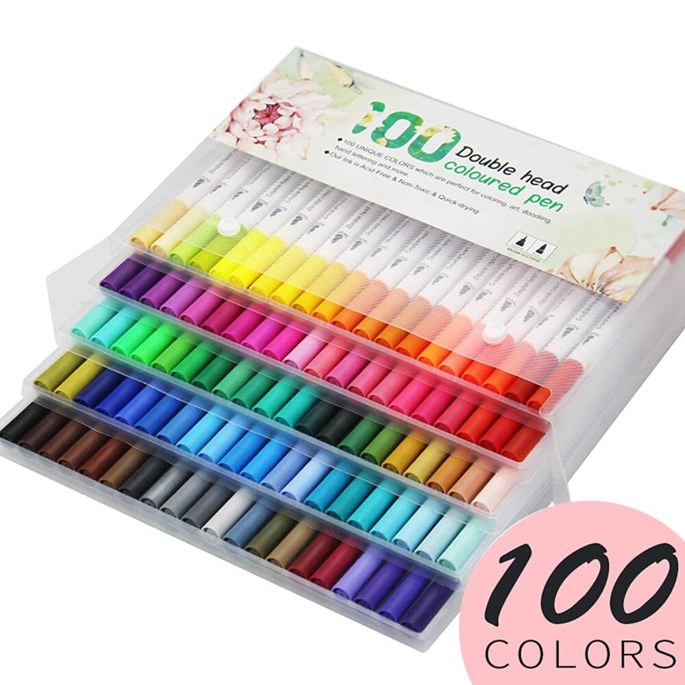 ＼期間限定100円OFFクーポン／カラーペン カラー 水性ペン 太字 細字 ダブルヘッド 水性マーカーペン 鮮やかな 100色 セット イラストペン マーカーペン アートマーカーペン イラスト 手帳 絵手紙 色塗 収納ケース付き 安全 安心 子供 水彩 水性のサムネイル