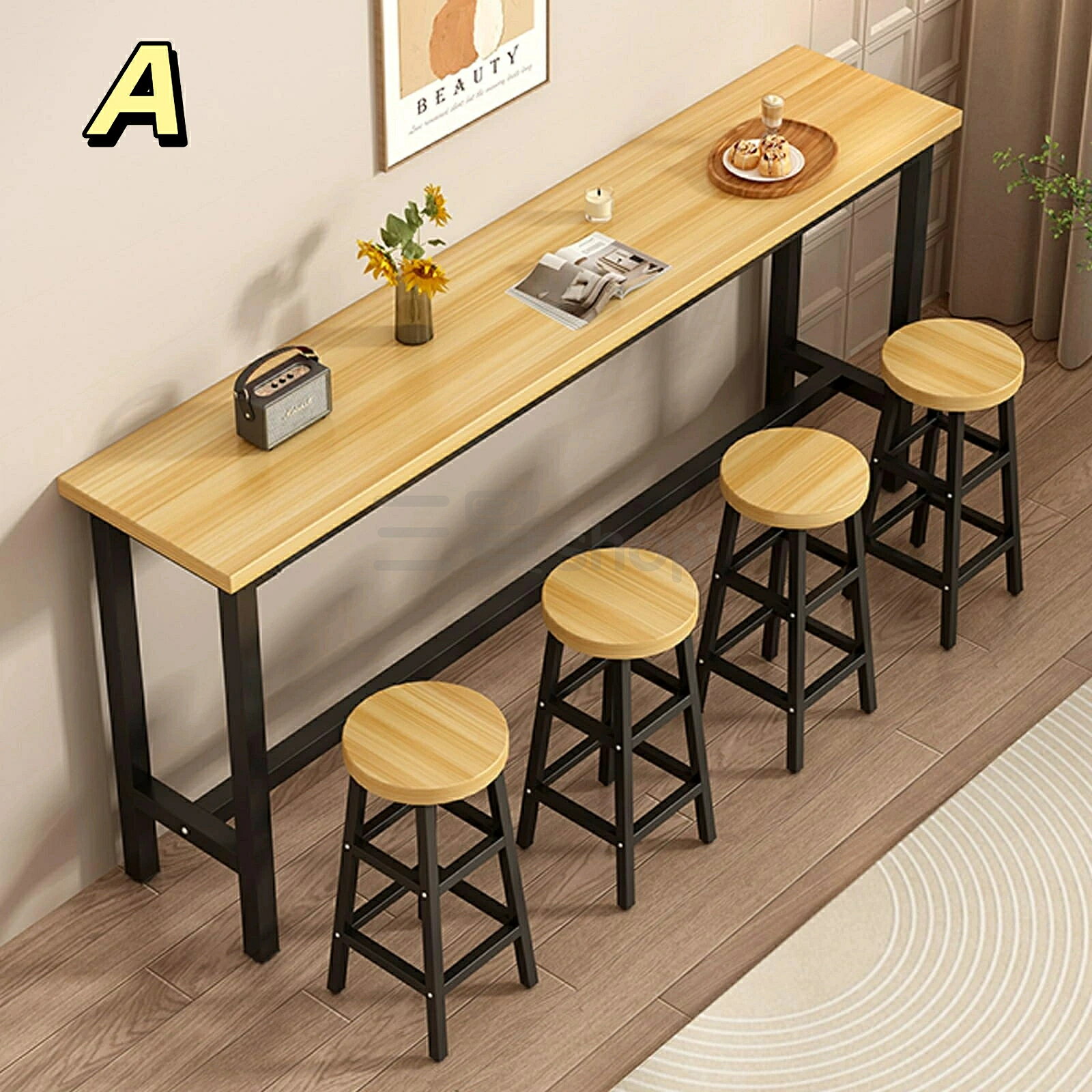 カウンターテーブル テーブル バーテーブル 高さ105cm 42mm厚無垢材デスクトップ パイプスタンド 超強力耐荷重 クリップ接続 強化クロスバー 安定性 丸みを帯びたコーナー 適合パイプ カフェ　ラウンジバー、家庭用 (椅子は含まれません）