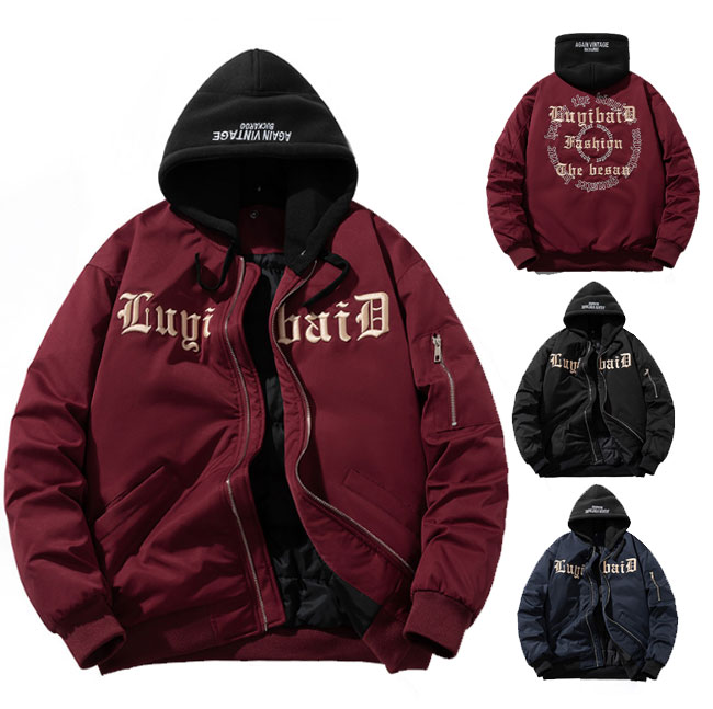 Rakuten - スタジャン メンズ ジャケット パーカー 秋冬 スタジアム 綿入り ジャンパー ブルゾン 防風 防寒 フード取り外し可