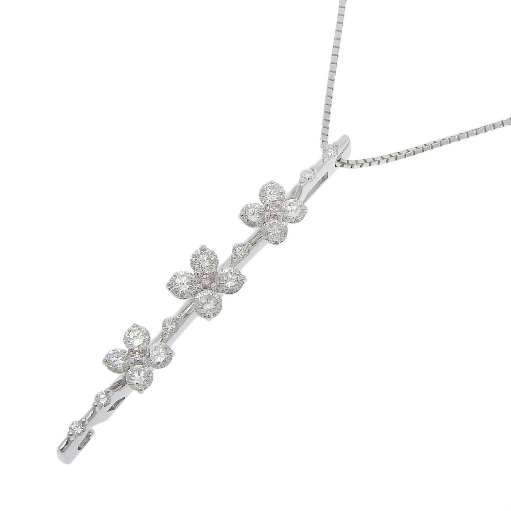 【返品OK】フラワーモチーフ 合計1.00ct 天然ダイヤ ネックレス 45cm K18WG レディース 18K 18金 750 ホワイトゴールド 2way ピンクダイヤ【送料無料】【中古】