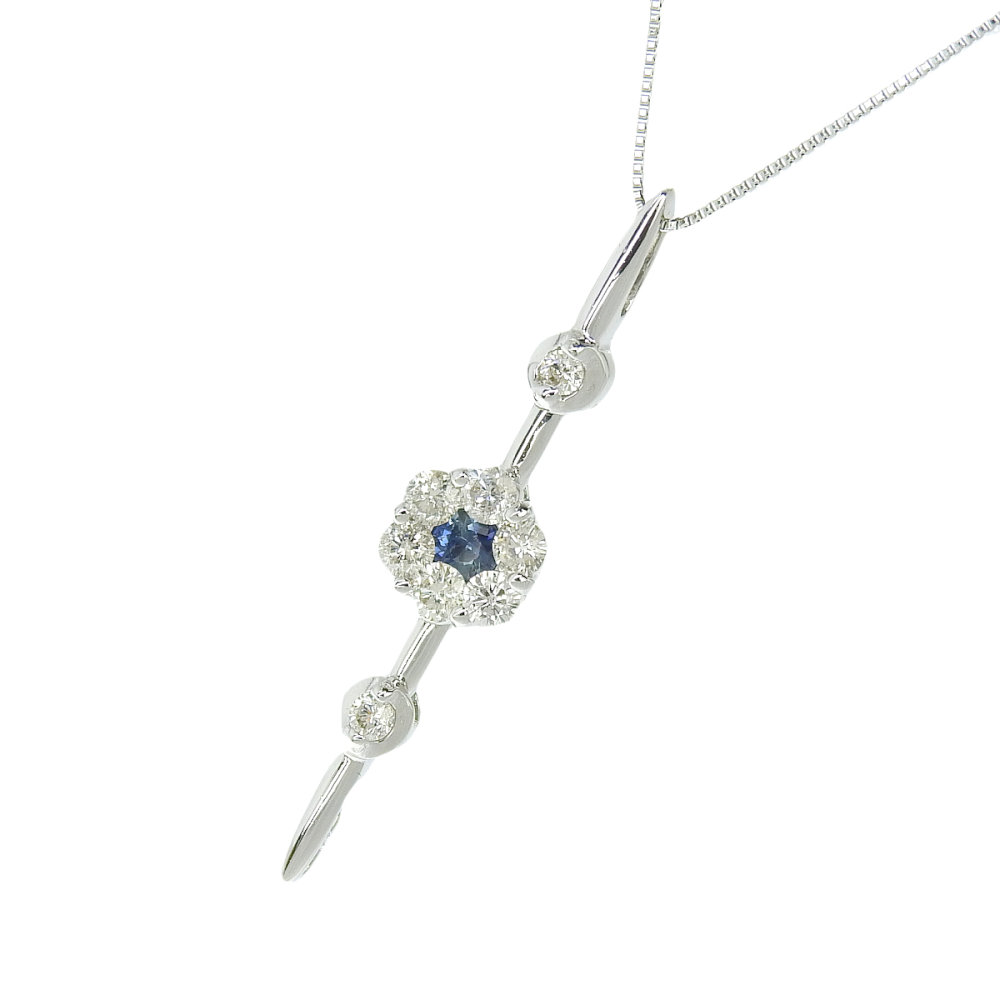 蓝宝石 - 【返品OK】0.14ct 天然サファイア ネックレス 44cm K18WG 合計0.43ct 天然ダイヤ レディース 18K 18金 ホワイトゴールド 2way 一粒 1粒 1P【送料無料】【中古】