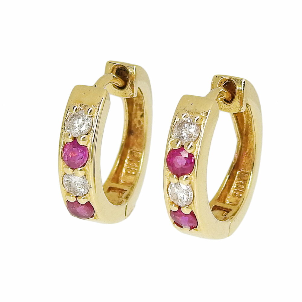 Rakuten - 【返品OK】天然ルビー ピアス K18YG 新品仕上げ済み 合計0.16ct 天然ダイヤ レディース 18K 18金 イエローゴールド フープピアス【送料無料】【中古】