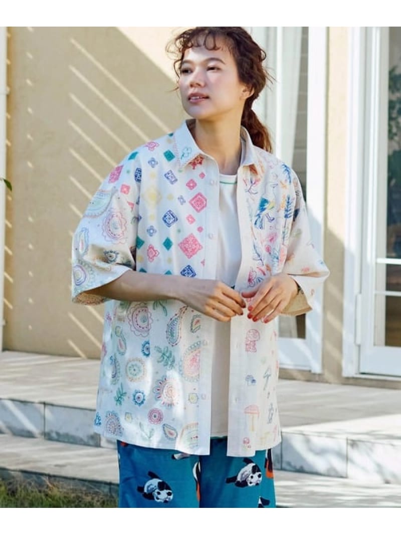 Rakuten - LINEN/COTTONスクエア刺繍半袖シャツ (MENS/WOMENS) go slow caravan ゴースローキャラバン トップス シャツ・ブラウス ベージュ ネイビー【送料無料】[Rakuten Fashion]