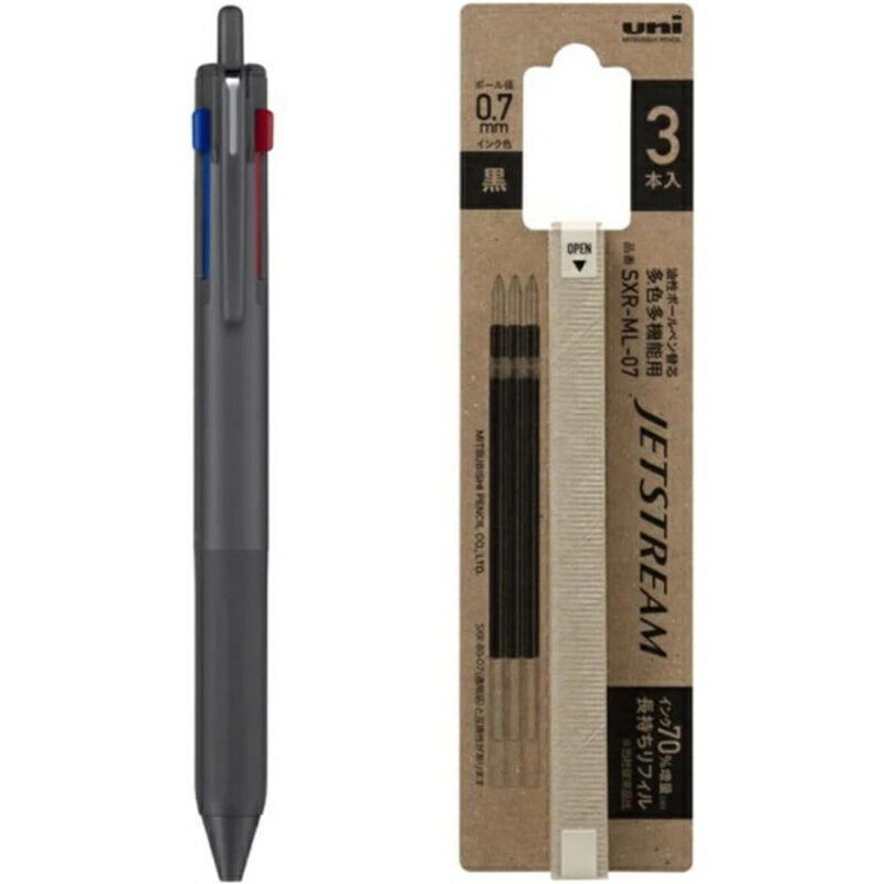ジェットストリーム 新3色ボールペン 0.7mm 長持ちインク！ 限定色 チャコールグレー+替芯3本パック（黒）三菱鉛筆 uni