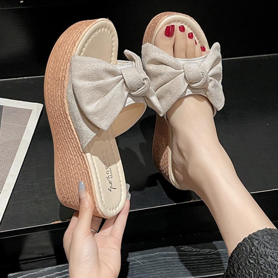 Rakuten - 痛くない レディース リボンサンダル 歩きやすい ウエッジソール リゾートサンダル サマー 厚底サンダル ヒールサンダル