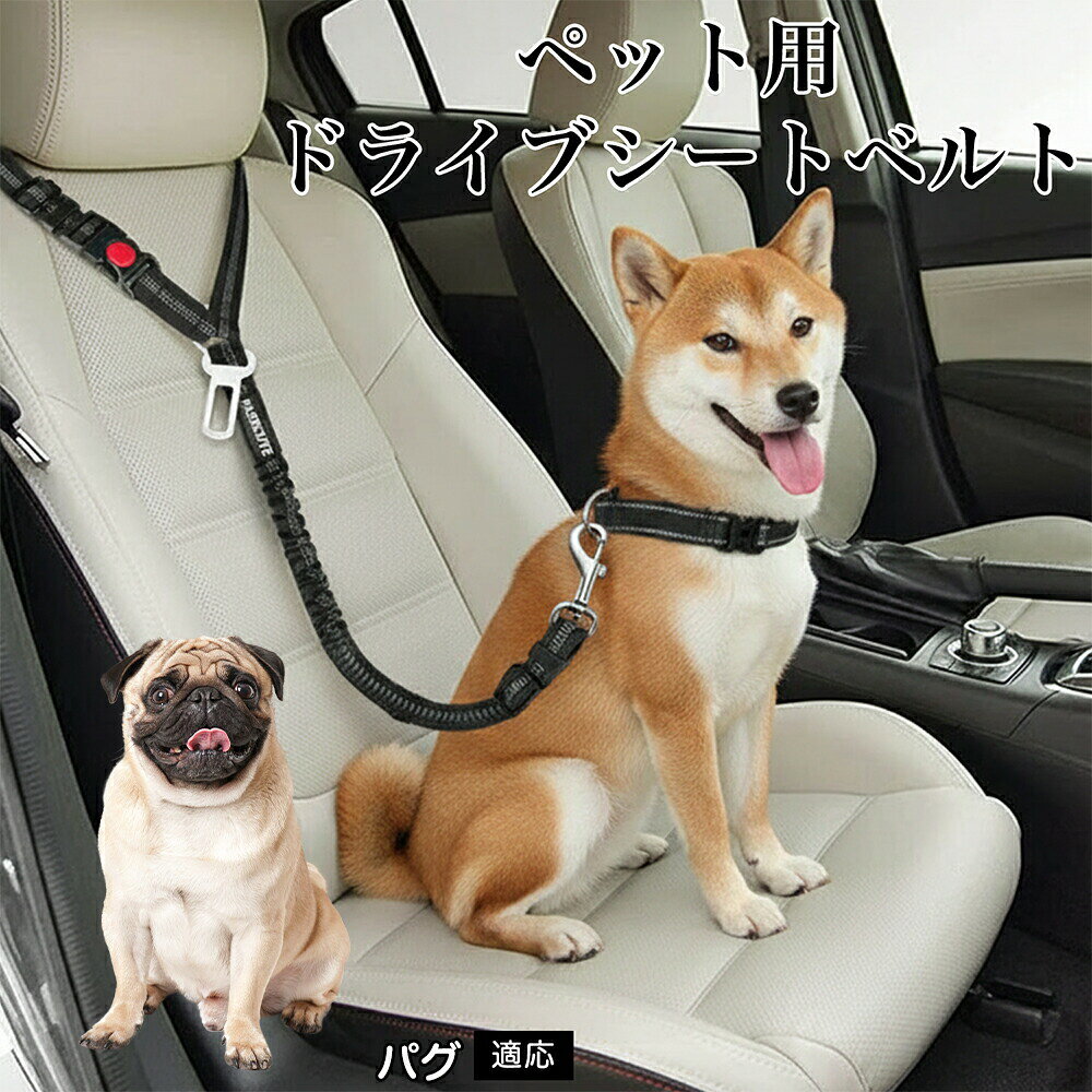 パグ 犬用 シートベルト 車 リード 2WAY ヘッドレスト固定 シートベルト差し込み バンジー 伸縮 衝撃吸収 飛び出し防止 反射素材 夜間安全 ドライブ 車内 中型犬 小型犬 固定