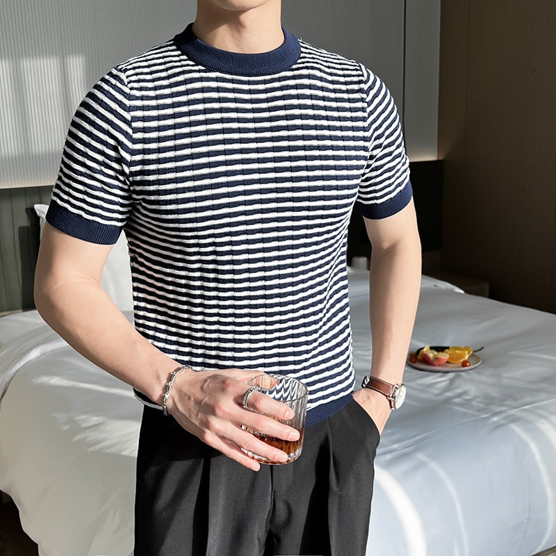 サマーニット メンズ 半袖 ボーダー Tシャツ クルーネック 夏服 韓国 ファッション キレイめ カジュアル 涼しい 通気性 ワッフル編み 配色 紺 ネイビー 切替