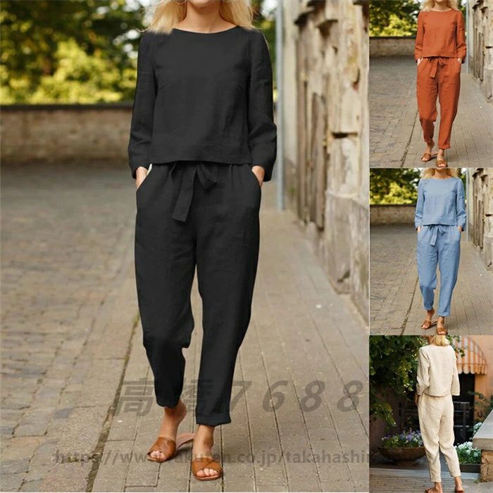 Pants Suit - パンツ リネン 九分丈 綿麻 着痩せ ゆったり 秋 2点セット 体型カバー パンツセット おしやれ カジュアル 長袖 丸首 セットアップ 春 夏 きれいめ ボトムス ブラウス プルオーバー 大きいサイズ セット トップス レディース 上下 上下セット イージーパンツ ウエストゴム