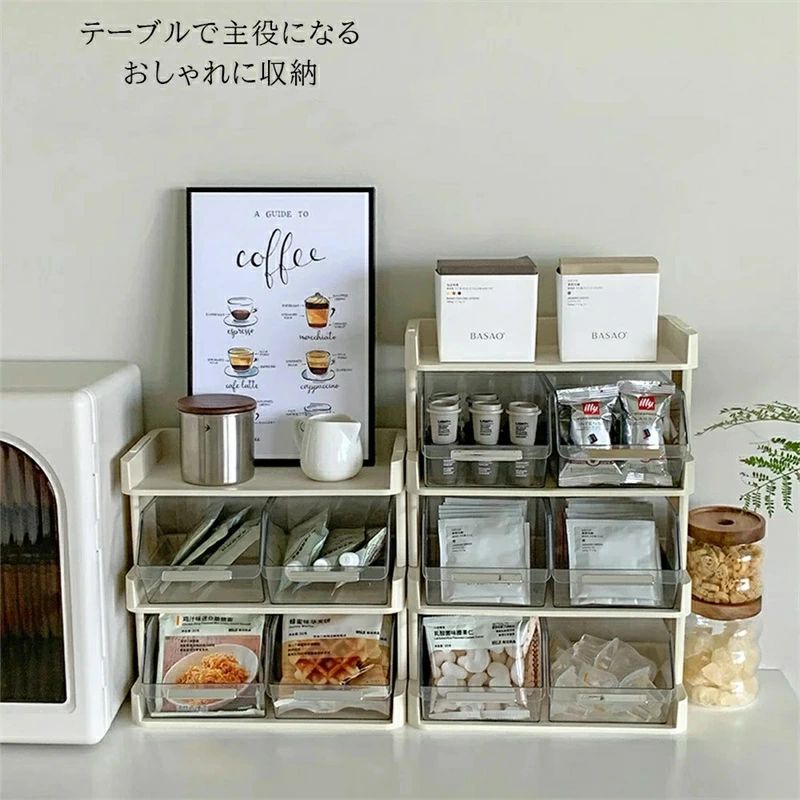 【商品説明】 ?シンプルかつ機能的なデザインで、お茶やコーヒーティーバッグの収納に最適な2段、3段、4段のボックスです。 ?北欧の美しいデザインがおしゃれなインテリアとしても映えるこの収納ボックスは、整理整頓に役立ちます。 ?コンパクトな卓上サイズにもかかわらず、小物をたっぷり収納できるため、キッチンやリビングの整理に大変便利です。 ?自宅用としておしゃれさと実用性を兼ね備えたこの収納ケースは、新しい生活を始める方にもぴったり。 ?モダンなインテリアに調和するスタイルで、飽きのこないデザインを採用しました。 ?さらに、「オフェンス」シリーズの小物入れやバスケットとも相性抜群です。 ?ぜひこの機会に、毎日を彩る機能的で素敵な収納ボックスをお試しください。 【品質表示】 素材：PET+PS 二段サイズ：約30*17*16.5cm、重さ約0.8kg 三段サイズ：約30*17*29.5cm、重さ約1.35kg 四段サイズ：約30*17*42.5cm、重さ約1.95kg ※サイズは当店計測サイズとなります。商品により、若干の個体差が生じます。 ご注意事項 ※こちらの商品は海外で製造されており、塗装の塗り斑や小傷によってごくわずかな塗装の剥がれ、傷、汚れなどがございます。予めご理解の上、お買い求めください。 ?色がある場合、モニターの発色の具合によって実際のものと色が異なる場合がある。