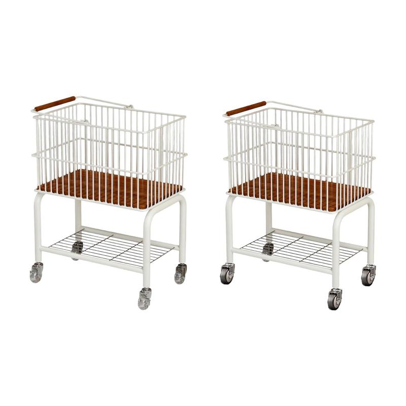 Rakuten - 高さ70cm 2段棚付き トイレ収納ラック 取り外し可能な収納バスケット付き 汚れた衣類の仕分けに ランドリーカート ホワイト