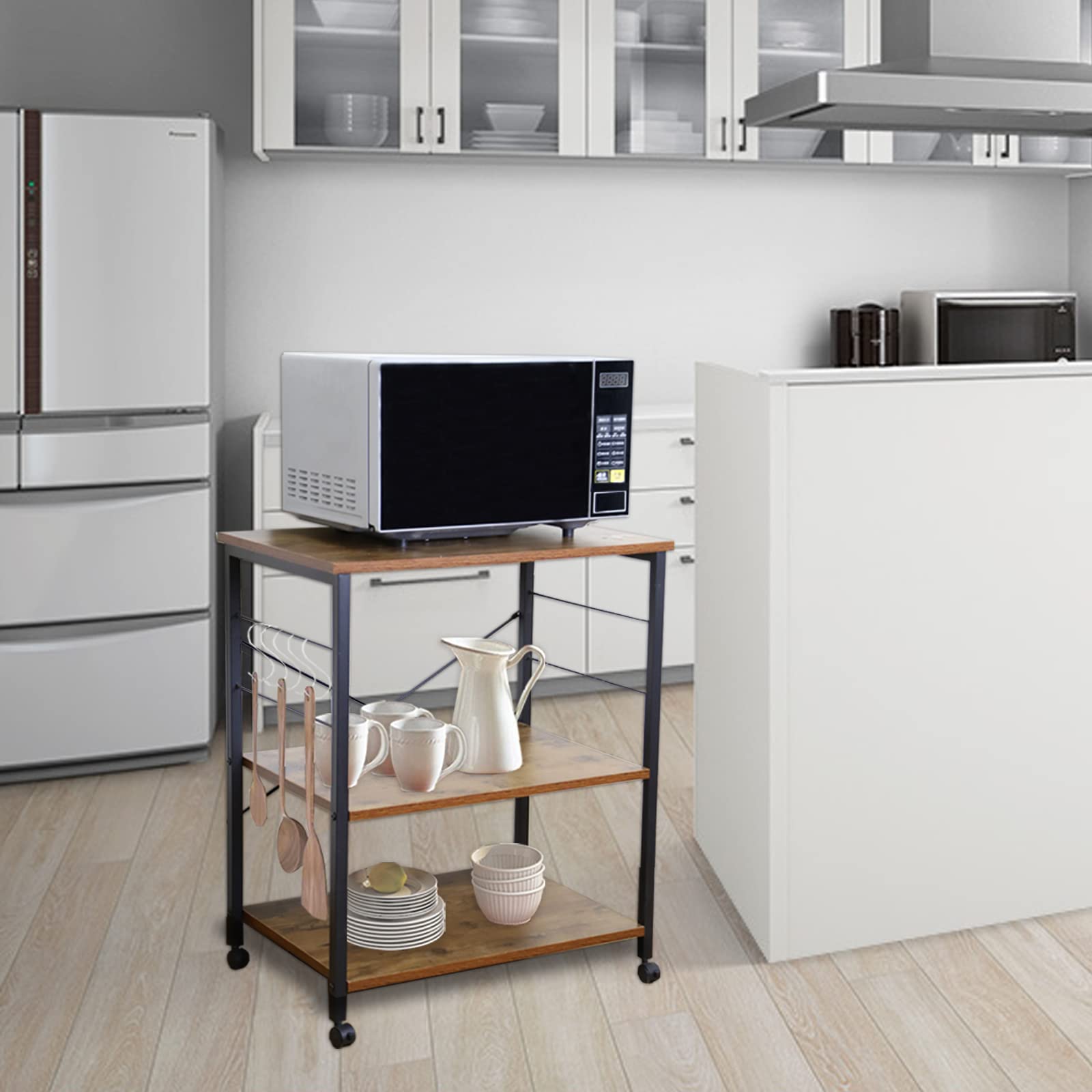 電子レンジ台 入学式 幅60×奥行40×高さ73cm 簡単組立 省スペース ギフト 3段式キッチンワゴン キャスター付き 引越し祝い キッチンラック 新居祝い 新生活 スリム 家電や器具収納ラック レンジラック 耐荷重50kg [2]