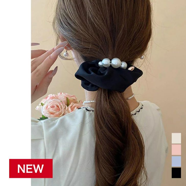 ヘアアクセサリー パール付き プレゼント お団子ヘアシュシュ 小物 サテンヘアゴム...