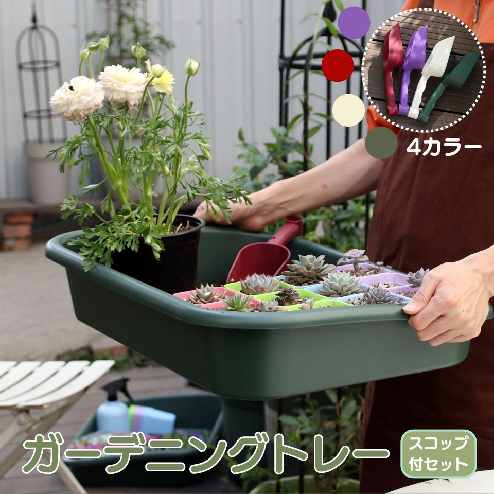 商品情報商品名ガーデニングトレー（スコップ付き）サイズ幅59cm*奥行き42cm*高さ11cm/7cm素材PP素材カラーグリーン商品説明&nbsp;広い用途範囲で、ざまざまなシーンが対応できる新アイデア商品。 &nbsp;土作り、ブレンド、植栽作りなどの際に便利なグッズ。いつもきれいなガーデンを保ち続けます。特に室内作業の場合は、大きい役割を果たします。&nbsp;&nbsp;PP素材を採用、軽量で丈夫さも持っています。さらに、日当たりや雨などに強くて、室内外を問わず、お手軽に使用できます。 &nbsp;便利なスコップ付きます。注意事項&nbsp;お客様のご覧になっているモニター等により多少色が異なる場合がございます。 &nbsp;実測サイズなので、実際発送の製品に1~3センチの誤差がある場合もございます。予めご了承の程よろしくお願いします。