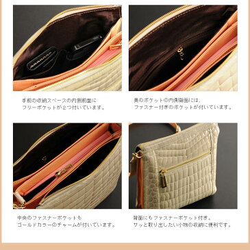 クロコダイル ショルダーバッグ シャイニング加工 センター取り 2way 仕様/レディース ヘンローン社製原皮使用 ライトベージュ クリーム