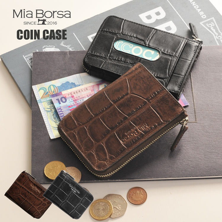 コインケース Mia Borsa l字 ファスナー 小銭入れ メンズ 本革 牛革 クロコダイル 型押し 財布 パスケース コインケース ミニ財布 誕生日 プレゼント ギフト 普段使い 父 【ネコポスで送料無料】 クリスマス 4FA 敬老の日 (07000239-mcc-1r)