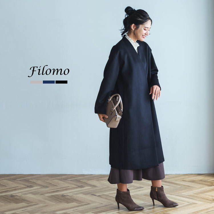 ロングコート ノーカラーコート レディース 冬 Filomo 黒 暖かい 暖かい カシミヤブレンド ウールコート カシミヤ混 ロング丈 ロング コート生地 厚手 シンプル 無地 Vネック ノーカラー 秋 冠婚葬祭 卒業式 入学式 フォーマル 実用的 6F (02000321r)