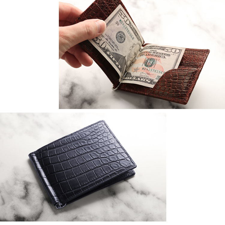 【5％クーポン】クロコダイル マネークリップ 財布 レディース 一枚革 センター取り マット 加工 折り財布 二つ折り 薄い お札入れ 札ばさみ 日本製 本革 鰐革 プレゼント ギフト 4FA (06001795r)