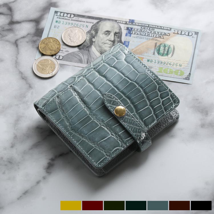 【5%offクーポン】クロコダイル 二つ折り 財布 レディース シャイニング 加工 ベルト付き マチ付き小銭入れ カード入れ 多い 多機能 折り財布 コンパクト財布 コンパクト ミニ財布 二つ折り アウトポケット付き ギフト プレゼント 4FA (06001819r)