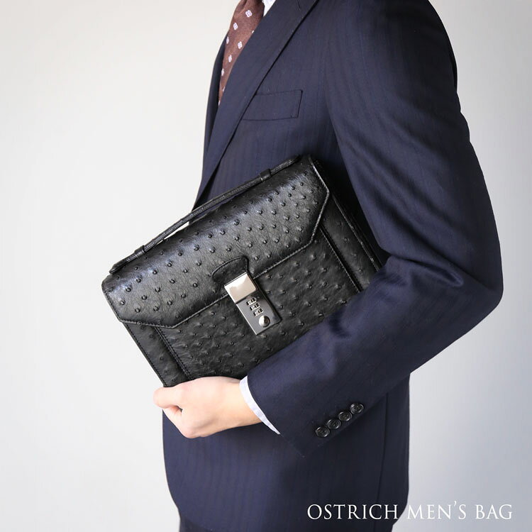 マスタークロコダイル 財布 バッグの【10％OFFクーポン】オーストリッチ メンズ セカンドバッグ ダイヤルロック式 日本製 27cm フルポイント ブラック 黒 高級 皮革 本革 革 ビジネスバッグ ギフト プレゼント 4FA (06001877r)｜アングル3
