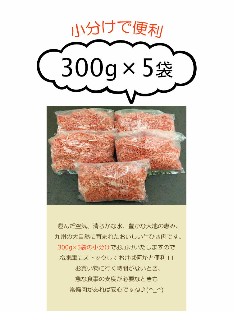 【送料無料】九州産 牛ひき肉 メガ盛り 1.5kg■300g×5袋の小分けで便利！■挽肉 挽き肉 ミンチ 牛肉 1kg500g 国産 食品 グルメ■（※北海道・沖縄は配送料要）