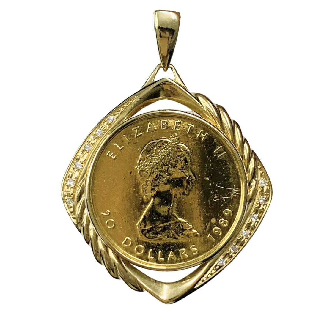 カナダ メイプル金貨 エリザベス二世 1989年 K18/24 純金 22.3g 1/2オンス ダイヤモンド 0.10 コイン ペンダントトップ Gold