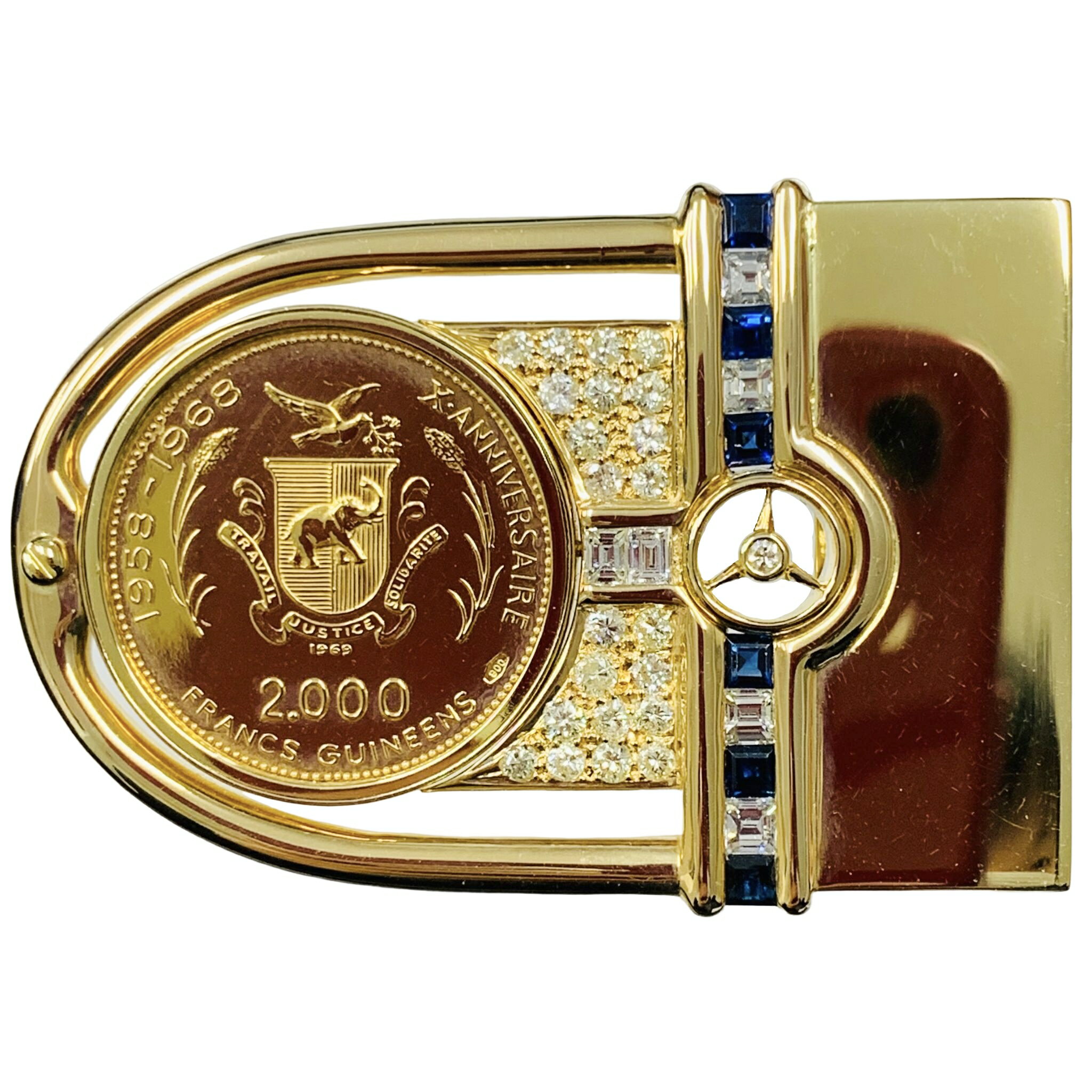 ギニア 1969 ルナランディング 2000フラン金貨 K18/21.6 38.3g ダイヤモンド サファイヤ コイン ベルトバックル イエローゴールド デザイン枠