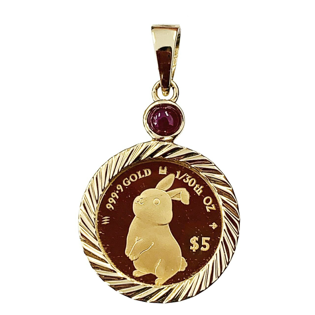 【新品】2023年 ウサギ ラビット金貨 3.85g エリザベス女王 1/30オンス ルビー 0.16 干支卯金貨 純金 令和5年 英国王立造幣局 保護ガラス付 ペンダントトップのサムネイル