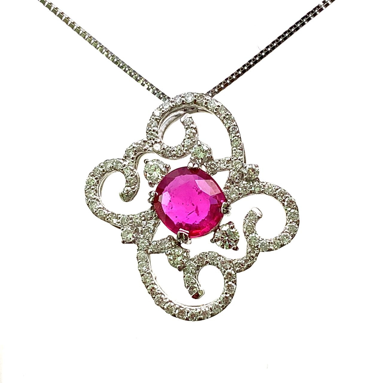 Cubic Zirconia - 1.27ct 非加熱ルビー ダイヤモンド ネックレス ペンダントトップ プラチナ 45cm 5.7g AIGS鑑別書
