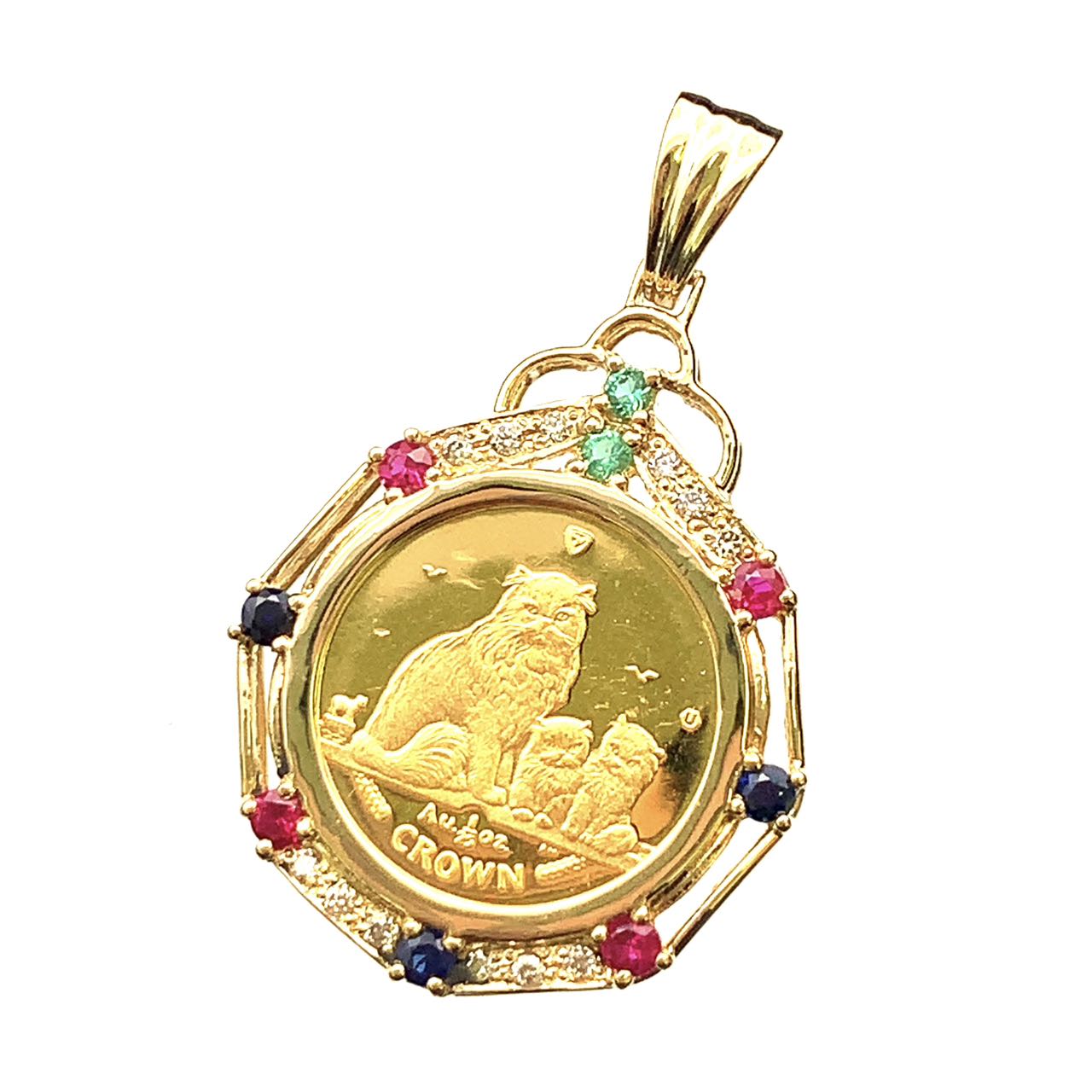美品 マン島金貨 猫 エリザベス女王二世 1990年 K18/24 純金 3.62g 1/20オンス コイン マルチ ダイヤモンド ペンダントトップ イエローゴールド