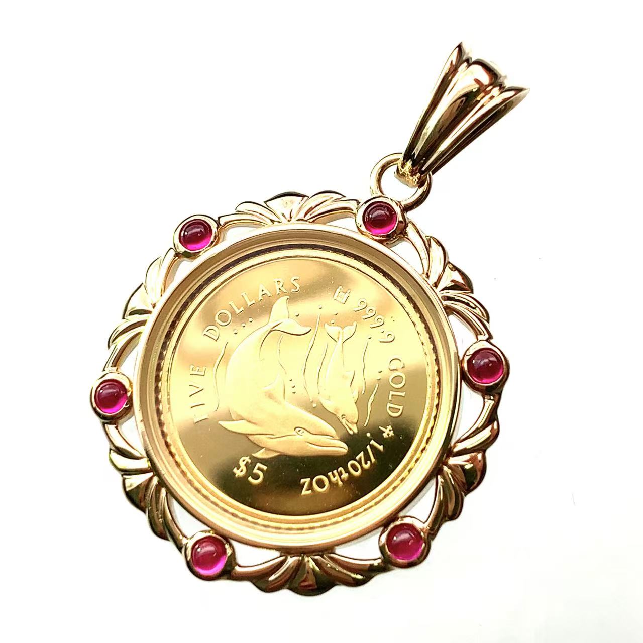 イルカ 金貨 クック諸島 エリザベス女王 1995年 K18/24 純金 7.6g 1/20オンス コイン ペンダントトップ 保護ガラス付き