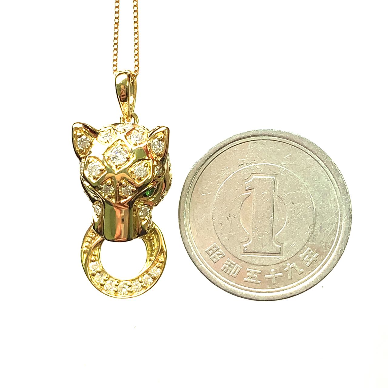 豹 ヒョウ ガーネット ダイヤモンド ネックレス ペンダントトップ イエローゴールド 45cm 4.7g