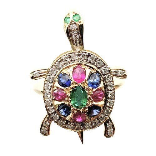 亀 かめ マルチストーン 1.35ct ダイヤモンド デザイン リング イエローゴールド K18 12号 6.3g