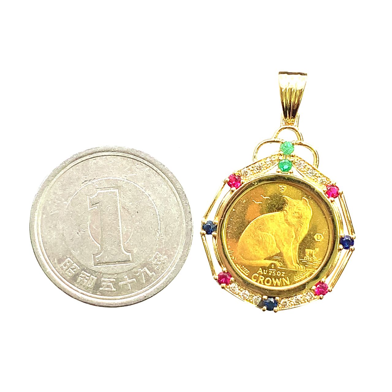 美品 マン島金貨 猫 エリザベス女王二世 1990年 K18/24 純金 3.62g 1/20オンス コイン マルチ ダイヤモンド ペンダントトップ イエローゴールド