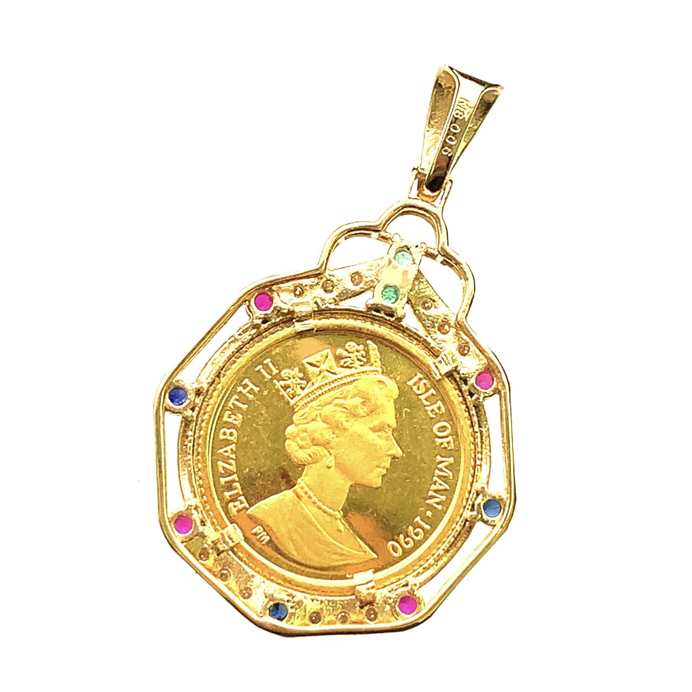 美品 マン島金貨 猫 エリザベス女王二世 1990年 K18/24 純金 3.62g 1/20オンス コイン マルチ ダイヤモンド ペンダントトップ イエローゴールド